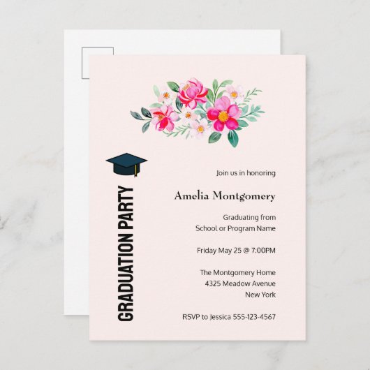 ピンクよくはしゃぐかわいらしの花の卒業パーティー インビテーションポストカード (正面/裏面)