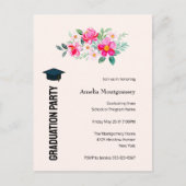 ピンクよくはしゃぐかわいらしの花の卒業パーティー インビテーションポストカード (正面)