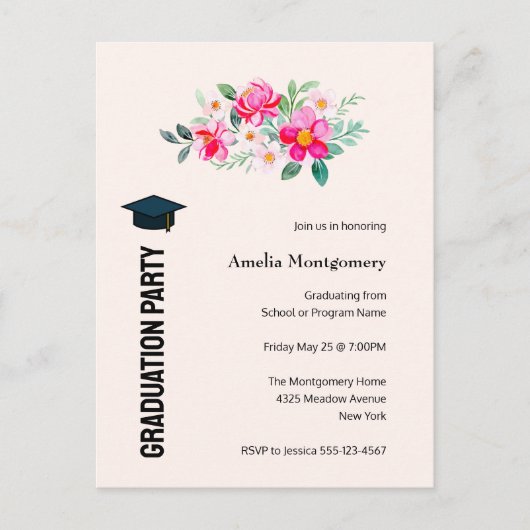 ピンクよくはしゃぐかわいらしの花の卒業パーティー インビテーションポストカード (正面)