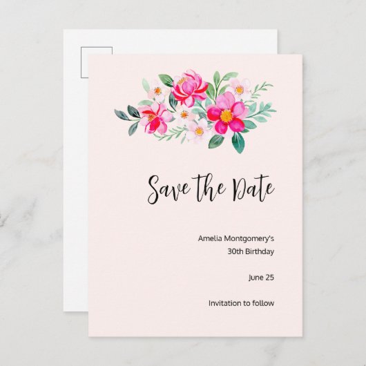ピンクよくはしゃぐかわいらしの花の花束が日付を保存 インビテーションポストカード (正面/裏面)
