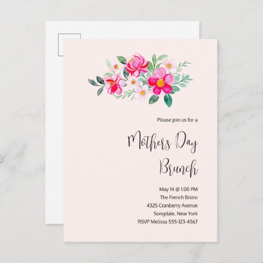 ピンクよくはしゃぐかわいらしの花マザーズデイブランチ インビテーションポストカード (正面/裏面)