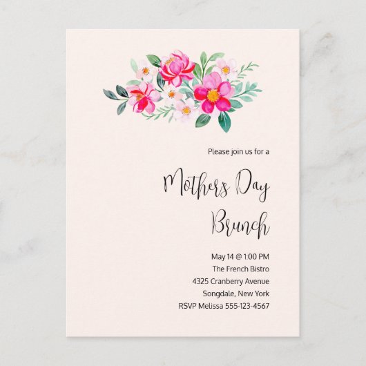 ピンクよくはしゃぐかわいらしの花マザーズデイブランチ インビテーションポストカード (正面)