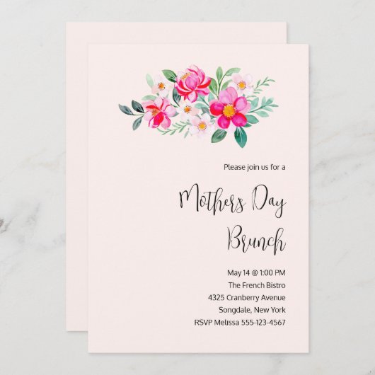 ピンクよくはしゃぐかわいらしの花マザーズデイブランチ 招待状 (正面/裏面)
