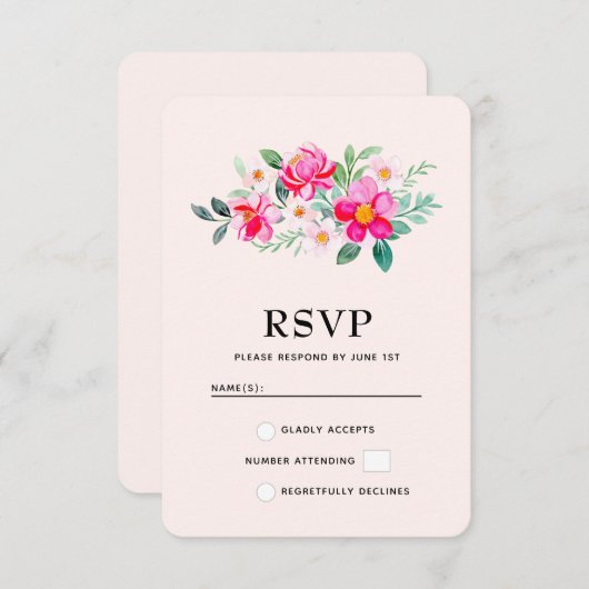 ピンクよくはしゃぐかわいらしの花束 出欠カード (正面/裏面)