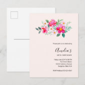 ピンクよくはしゃぐかわいらしフラワーズ誕生日招待状 インビテーションポストカード (正面/裏面)