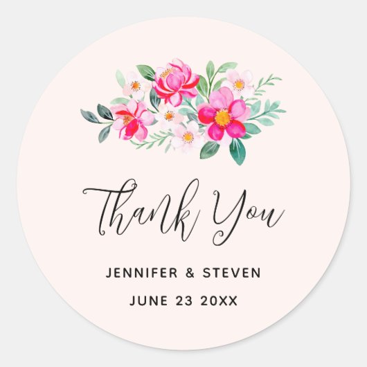 ピンクよくはしゃぐかわいらしフラワーブーケありがとう ラウンドシール (正面)