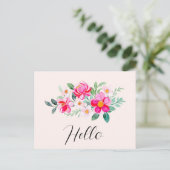 ピンクよくはしゃぐかわいらしフラワーブーケこんにちは ポストカード (スタンド正面)