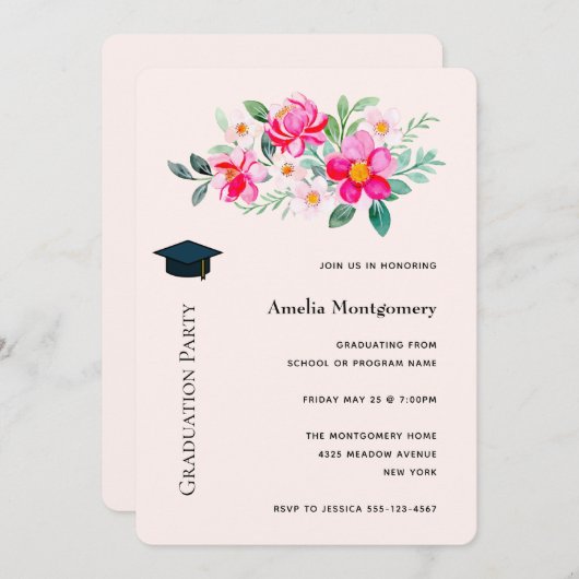 ピンクよくはしゃぐかわいらしフラワーブーケ卒業 招待状 (正面/裏面)