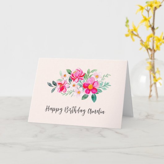 ピンクよくはしゃぐかわいらしフラワーブーケ誕生日 カード (黄色い花)