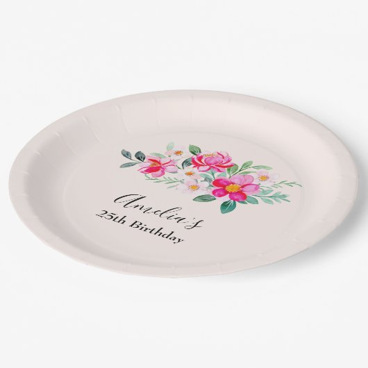 ピンクよくはしゃぐかわいらしフラワーブーケ誕生日 ペーパープレート (アングル)