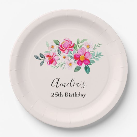ピンクよくはしゃぐかわいらしフラワーブーケ誕生日 ペーパープレート (正面)