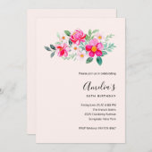 ピンクよくはしゃぐかわいらしフラワーブーケ誕生日 招待状 (正面/裏面)
