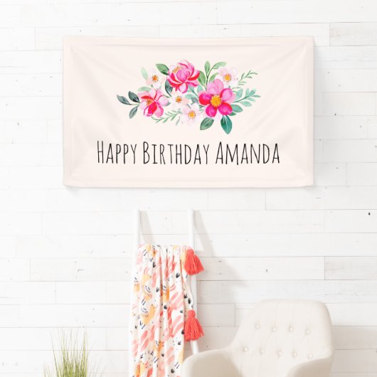 ピンクよくはしゃぐかわいらしフラワーブーケ誕生日 横断幕 (インサイチュ)