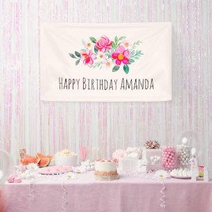 ピンクよくはしゃぐかわいらしフラワーブーケ誕生日 横断幕