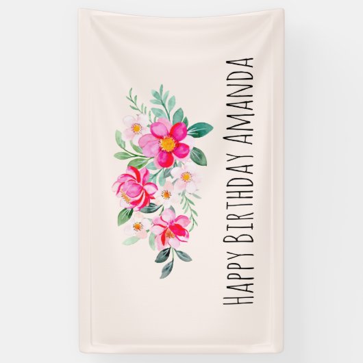 ピンクよくはしゃぐかわいらしフラワーブーケ誕生日 横断幕 (縦)