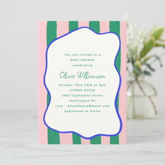 ピンクよくはしゃぐの緑の波状のストライプ 招待状 (スタンド正面)