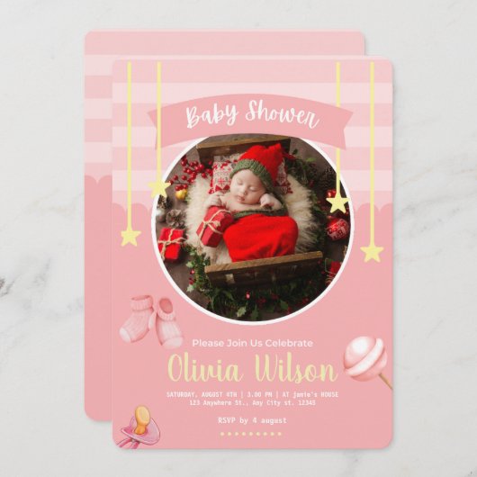 ピンクよくはしゃぐの赤ちゃんシャワー 招待状 (正面/裏面)