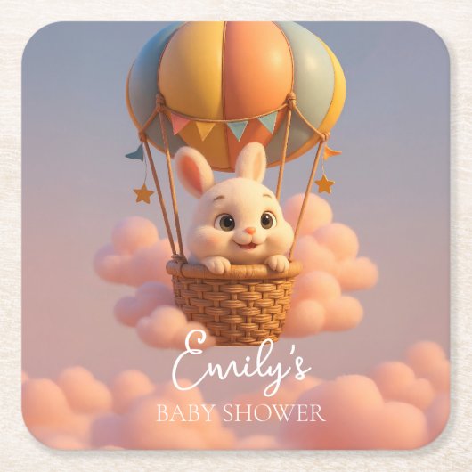 ピンクよくはしゃぐの雲を持つバニー熱気球 スクエアペーパーコースター (正面)