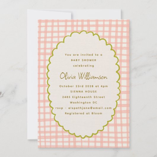 ピンクよくはしゃぐギンガムホタテ縁どの赤ちゃんシャワー 招待状 (正面)