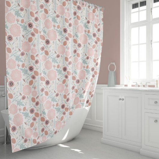 ピンクよくはしゃぐクリームブルーリピートフローラプリント シャワーカーテン