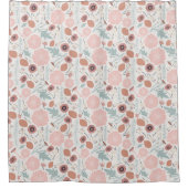 ピンクよくはしゃぐクリームブルーリピートフローラプリント シャワーカーテン (正面)