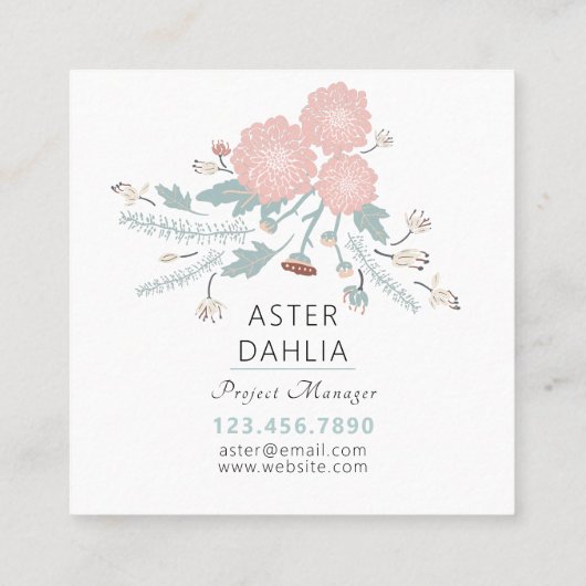 ピンクよくはしゃぐクリームブルーリピートフローラプリント スクエア名刺 (裏面)