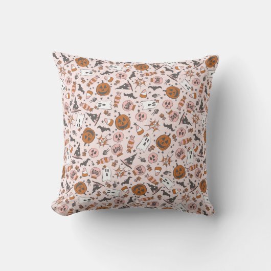 ピンクよくはしゃぐハロウィーン幽霊カボチャのパターン クッション (正面)