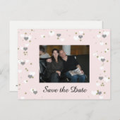 ピンクよくはしゃぐハート日付の保存 案内ポストカード (正面/裏面)