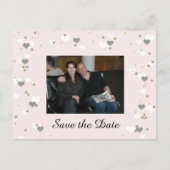 ピンクよくはしゃぐハート日付の保存 案内ポストカード (正面)