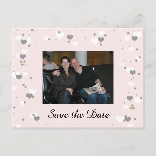 ピンクよくはしゃぐハート日付の保存 案内ポストカード (正面)