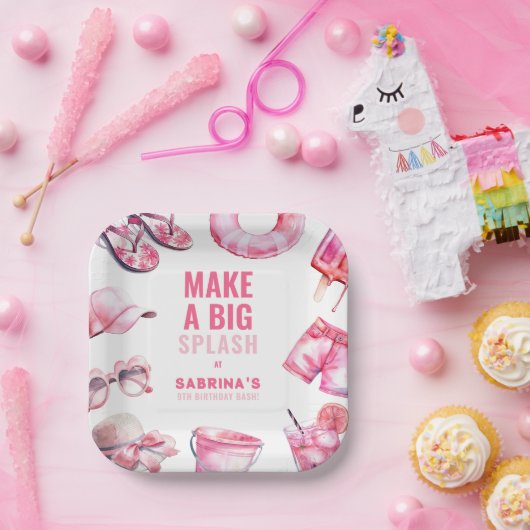 ピンクよくはしゃぐプールパーティーサマーガールズ誕生日 ペーパープレート (パーティー)