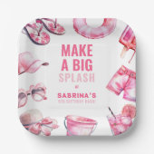 ピンクよくはしゃぐプールパーティーサマーガールズ誕生日 ペーパープレート (正面)