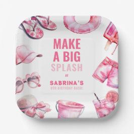 ピンクよくはしゃぐプールパーティーサマーガールズ誕生日 ペーパープレート