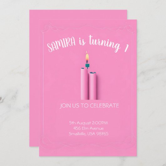 ピンクをテーマにしたキャンドル付き誕生日の招待状 招待状 (正面/裏面)