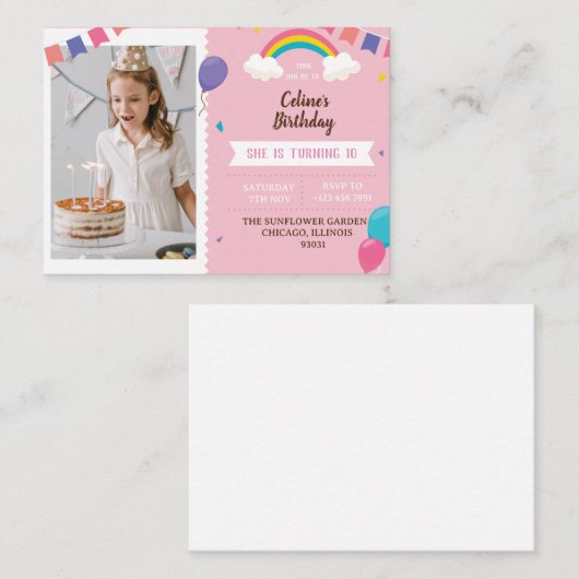 ピンクをテーマにした誕生日パーティーの招待状 ノートカード (正面/裏面)