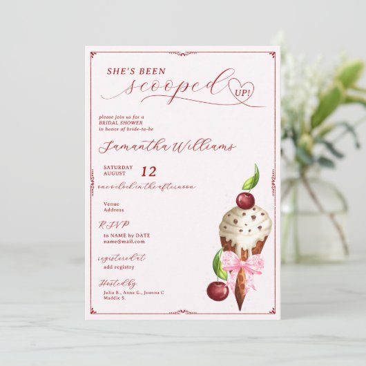 ピンクアイスクリームさくらんぼレッドスコップアップブライダルシャワー 招待状 (スタンド正面)