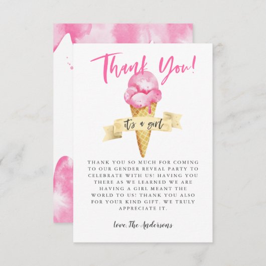 ピンクアイスクリームガールジェンダーリビールパーティー サンキューカード (正面/裏面)