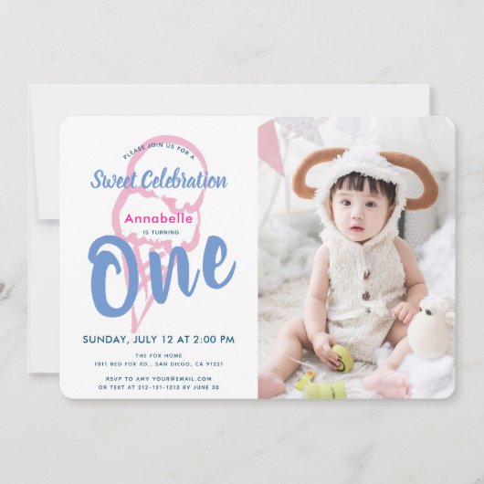 ピンクアイスクリームガール写真1st誕生日 招待状 (正面)