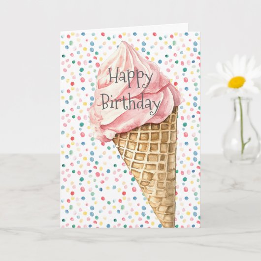 ピンクアイスクリームコーンの紙吹雪の誕生日 カード (小さな植物)