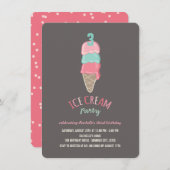 ピンクアイスクリームコーンガールバースデーパーティー招待状 招待状 (正面/裏面)