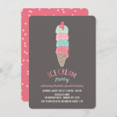 ピンクアイスクリームコーンガール4th誕生日パーティー招待状 招待状 (正面/裏面)