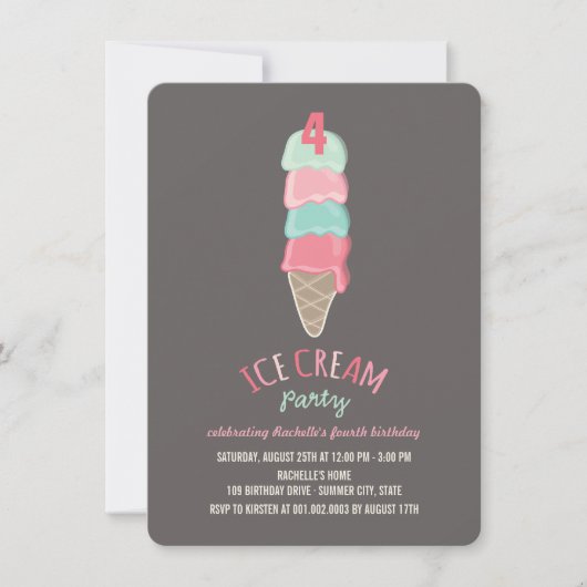 ピンクアイスクリームコーンガール4th誕生日パーティー招待状 招待状 (正面)