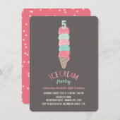 ピンクアイスクリームコーンガール5thバースデーパーティー招待状 招待状 (正面/裏面)