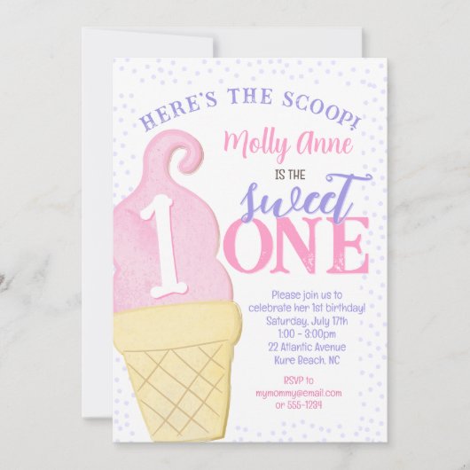 ピンクアイスクリームコーン水玉模様1st Birthday Girl 招待状 (正面)