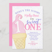ピンクアイスクリームコーン水玉模様1st Birthday Girl 招待状 (正面/裏面)