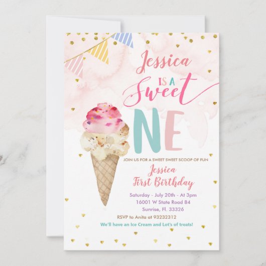 ピンクアイスクリームスウィートワン誕生日招待状 招待状 (正面)