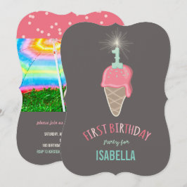 ピンクアイスクリームスパークラーガール1st誕生日パーティー 招待状