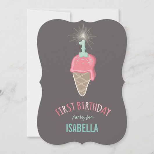 ピンクアイスクリームスパークラーガール1st誕生日パーティー 招待状 (正面)