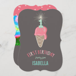 ピンクアイスクリームスパークラーガール1st誕生日パーティー 招待状