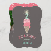 ピンクアイスクリームスパークラーガール2nd誕生日パーティー 招待状 (正面/裏面)